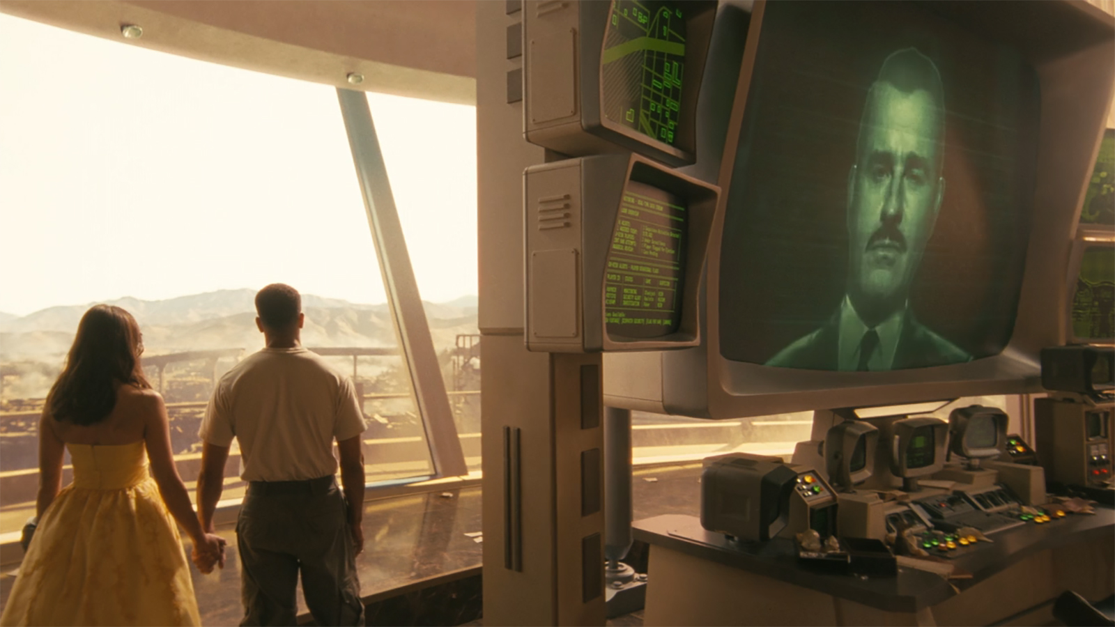 Lucy and Maximus hold hands and look out the window as Robert House appears on a computer screen in Fallout Season 2 Episode 8.