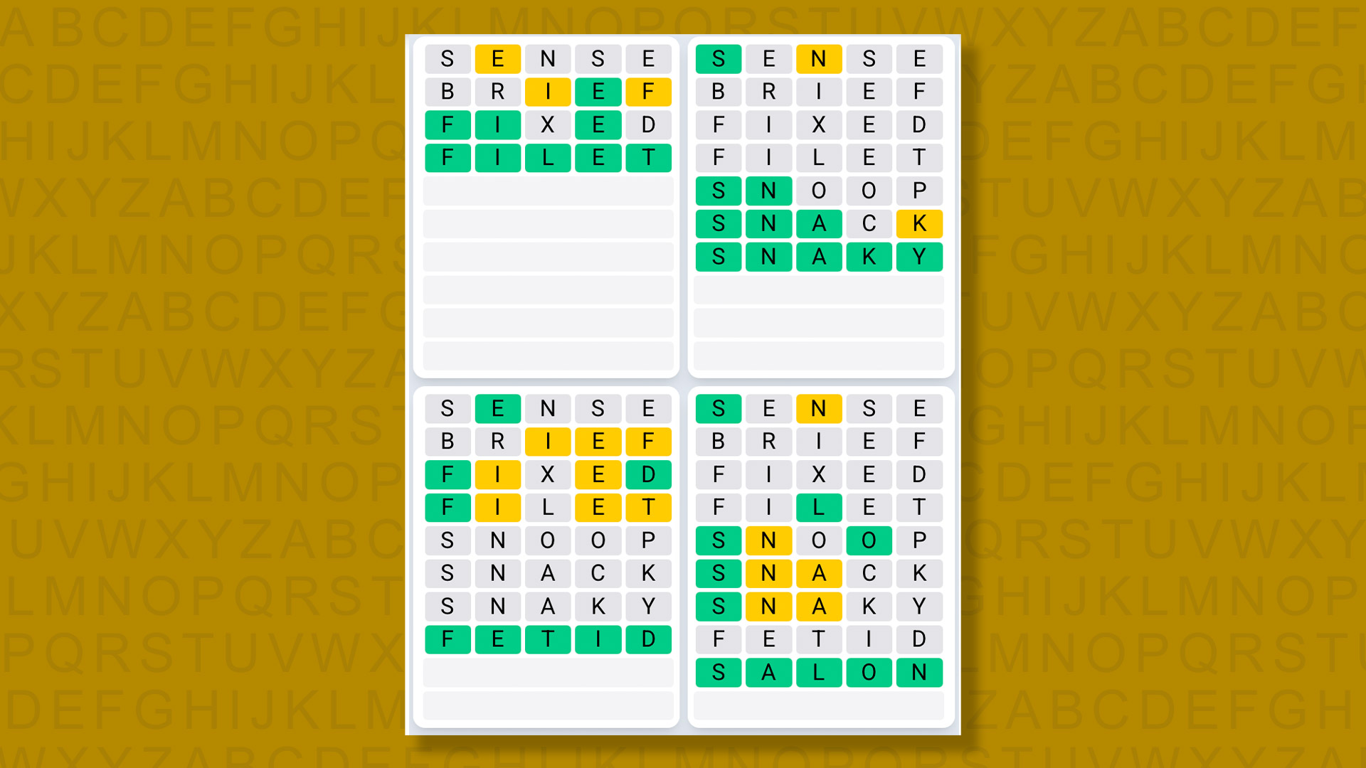 Quordle Daily Sequence answers for game 1474 on yellow background