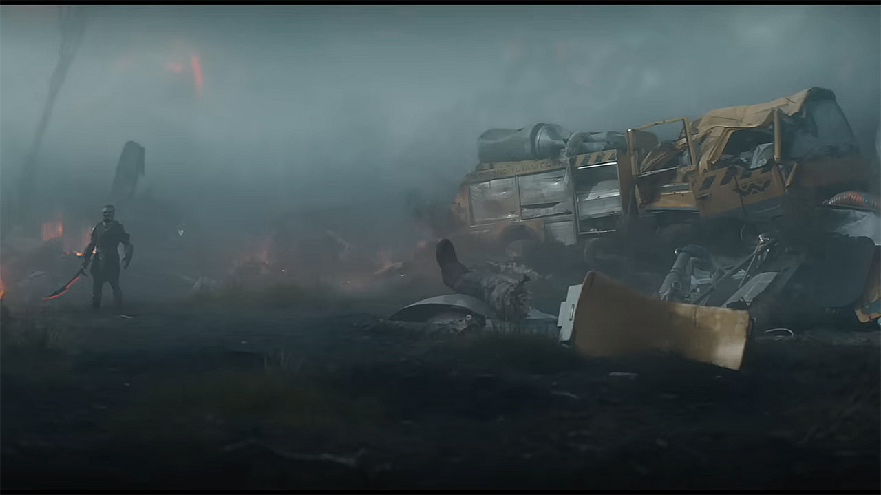 A Predator standing near a destroyed Weyland-Yutani vehicle in Predator: Badlands