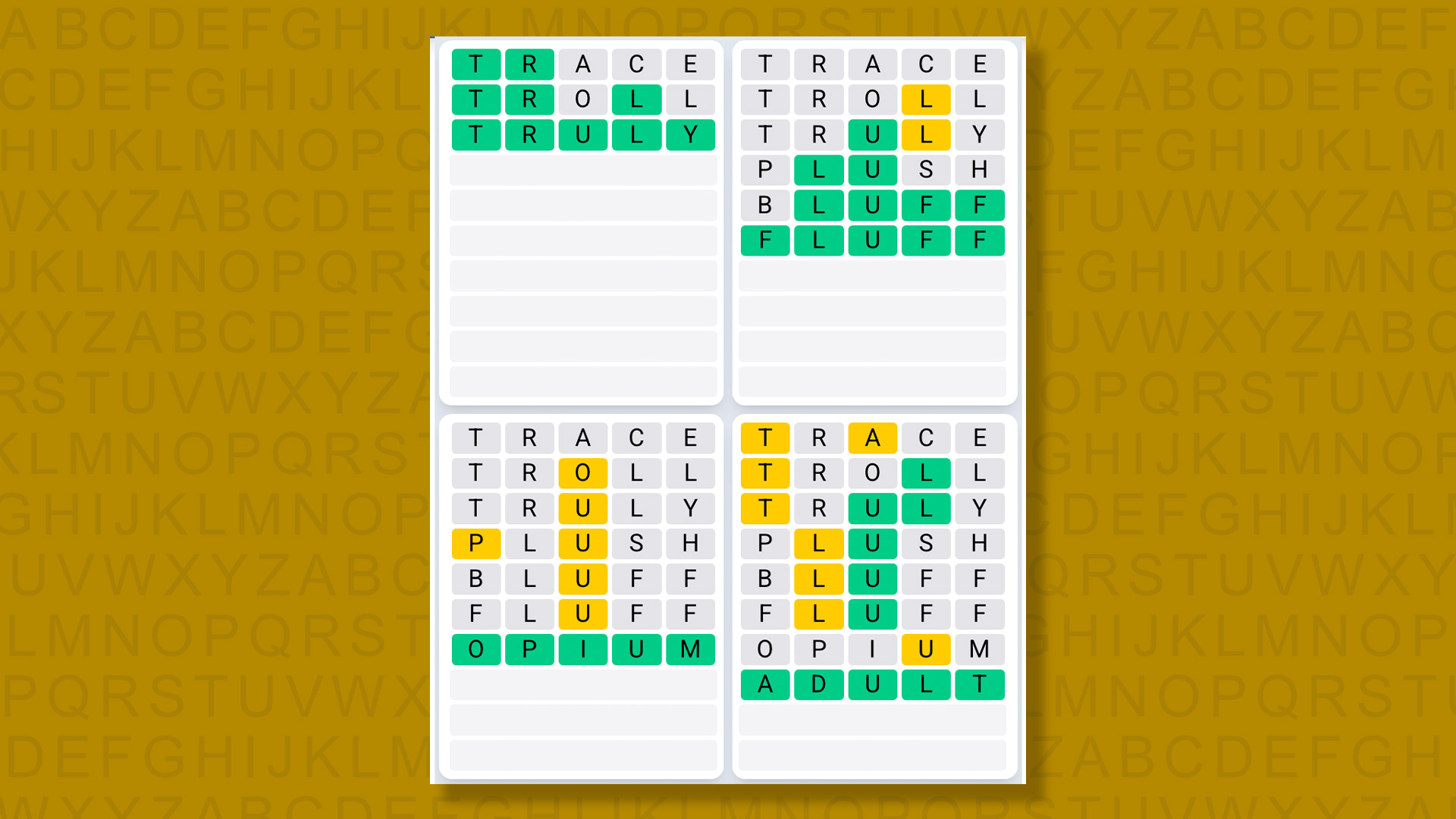Quordle Daily Sequence answers for game 1476 on yellow background