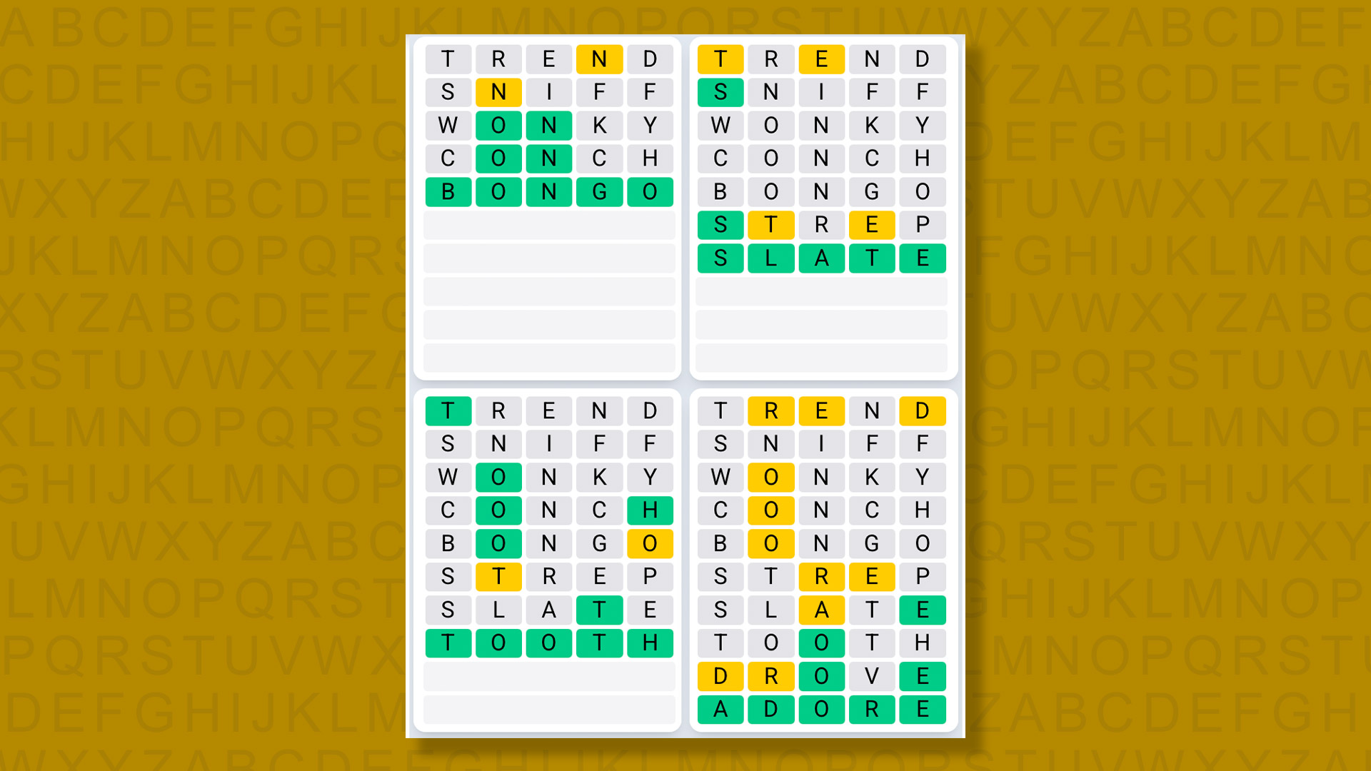 Quordle Daily Sequence answers for game 1477 on yellow background