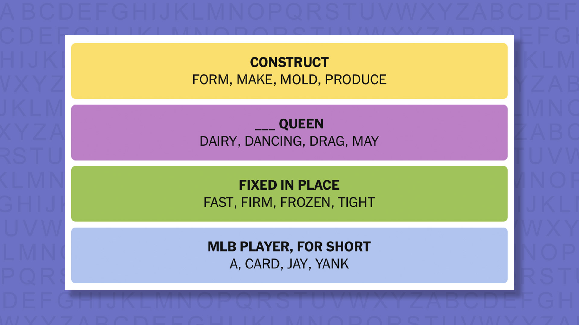 NYT Connections answers for game 977 on purple background