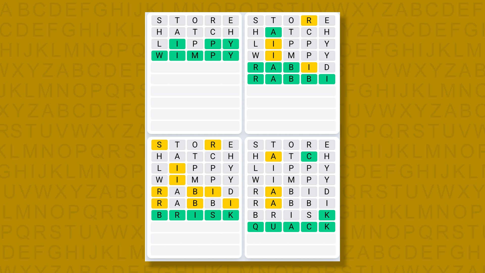 Quordle Daily Sequence answers for game 1483 on yellow background