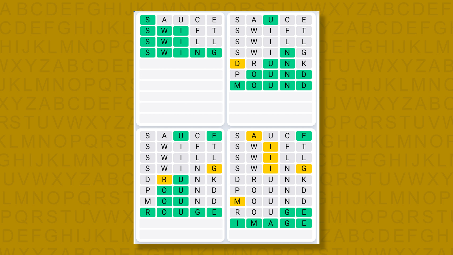 Quordle Daily Sequence answers for game 1484 on yellow background