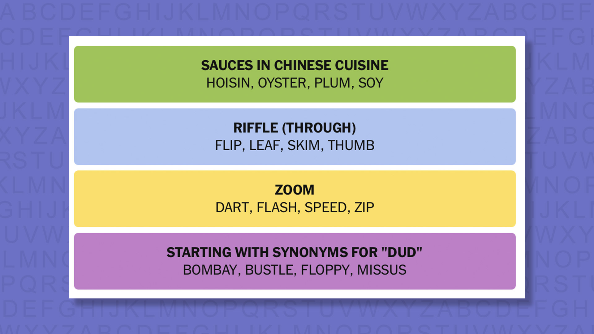 NYT Connections answers for game 982 on purple background