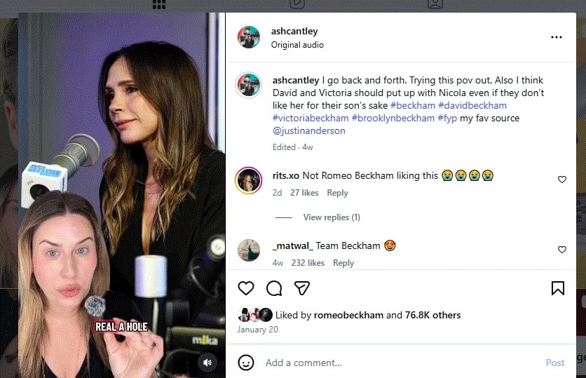 Nicola blamed in viral clip liked by Romeo amid Beckham feud