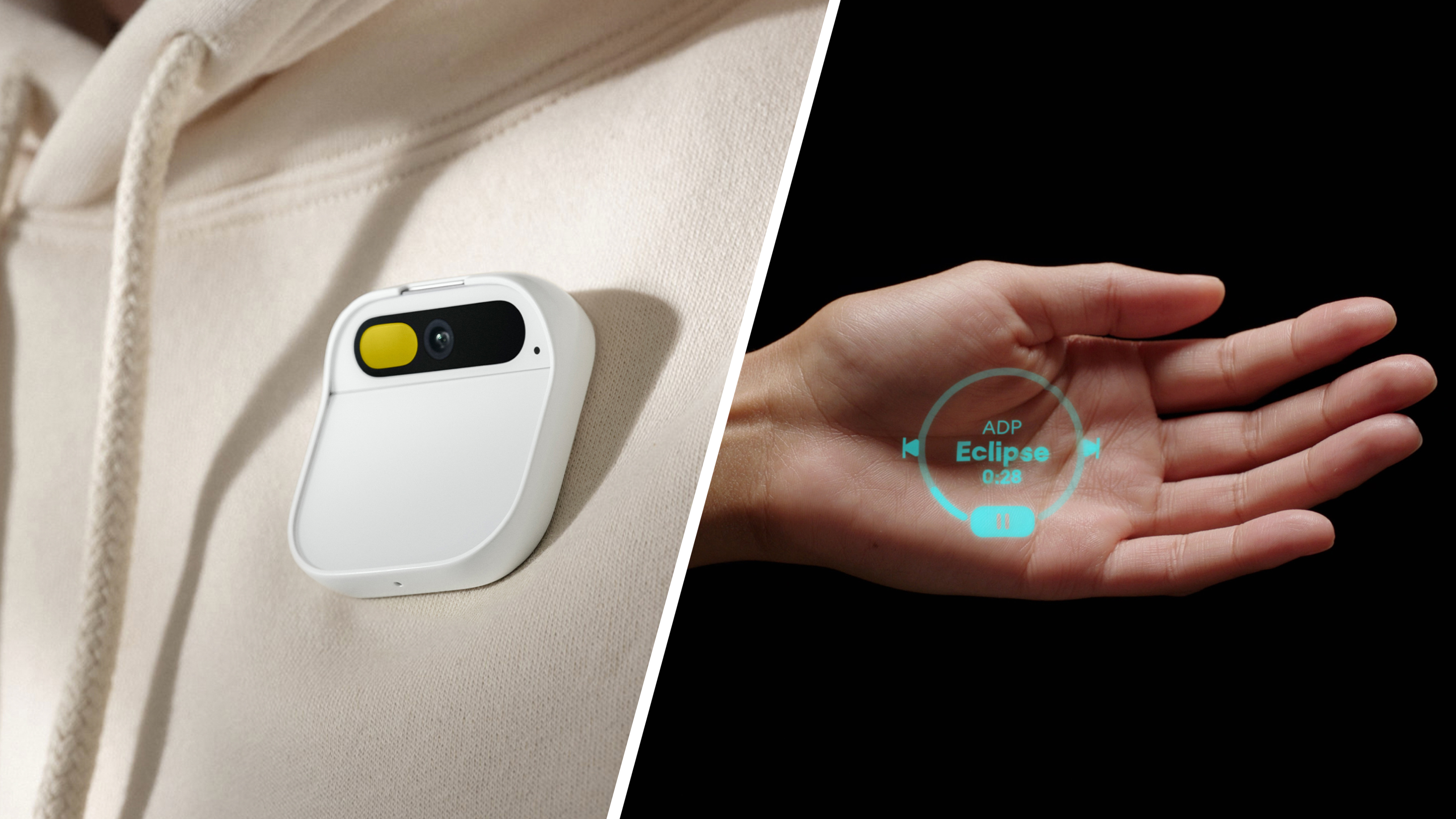 Human AI Pin on a hoodie and a hand showing its laser projector