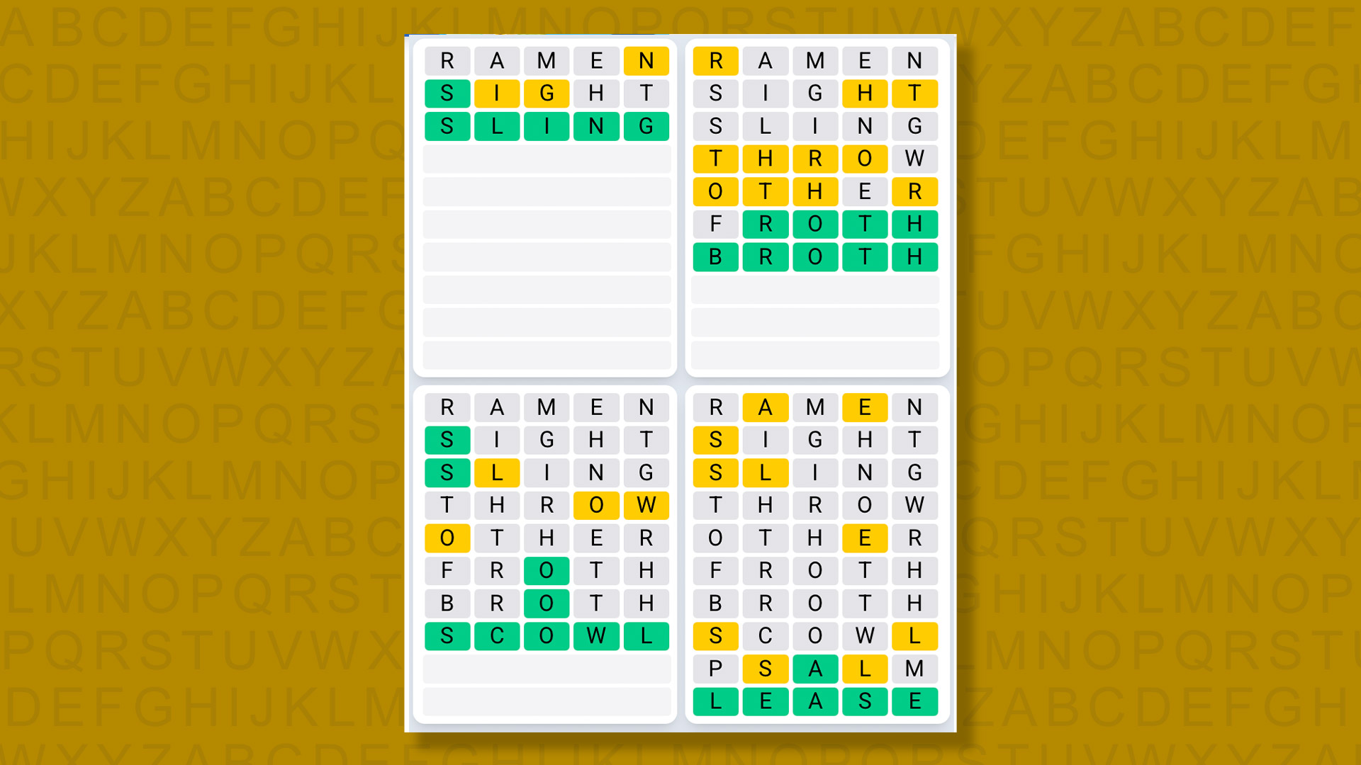 Quordle Daily Sequence answers for game 1490 on yellow background