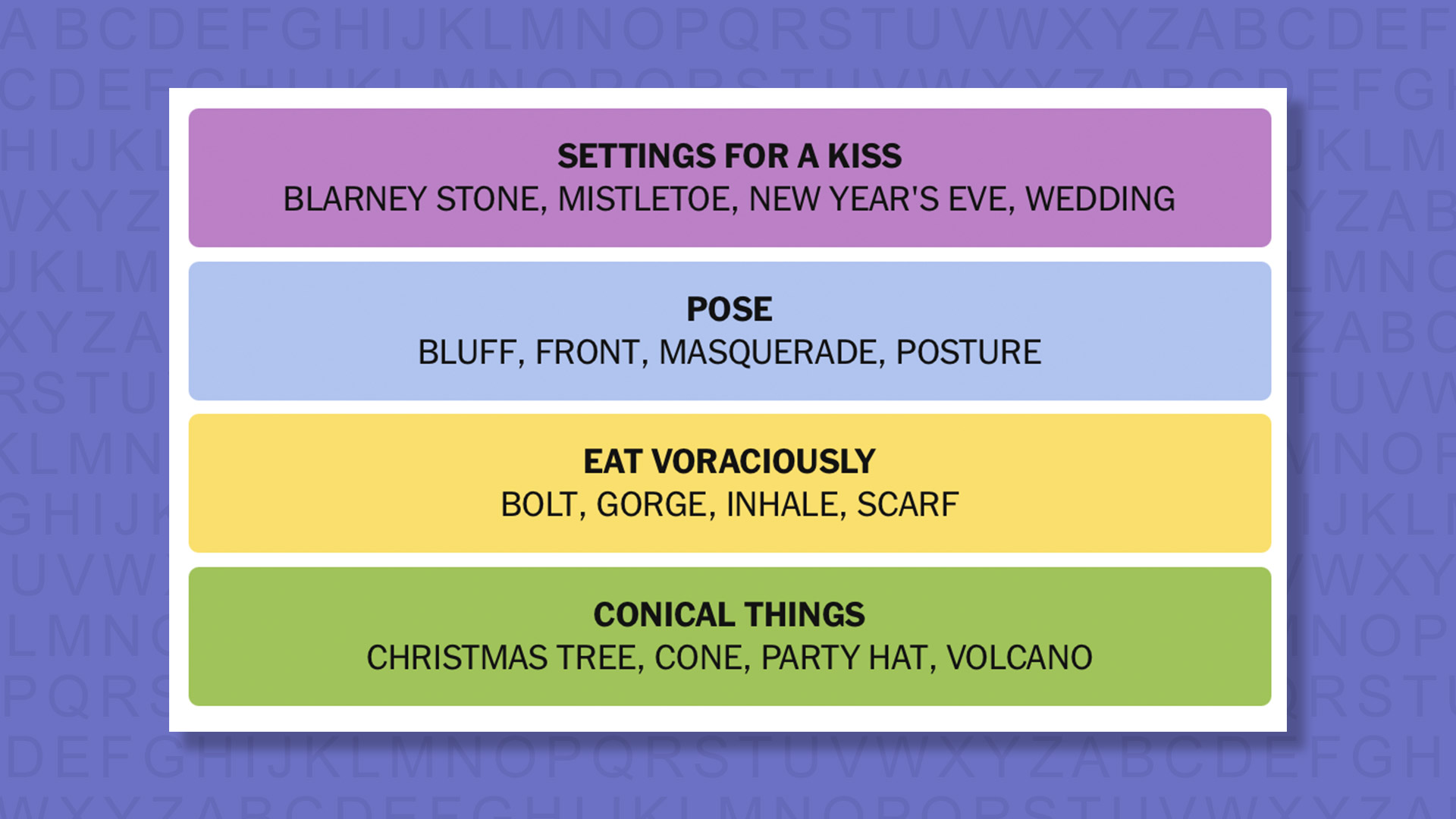 NYT Connections answers for game 988 on purple background