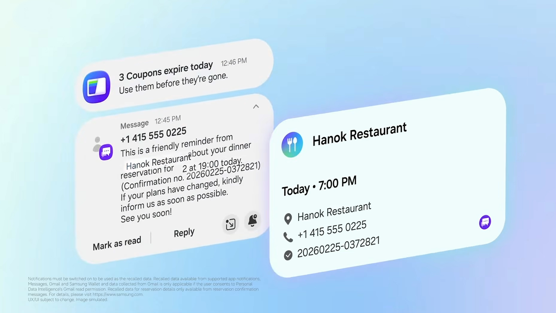 Notifications showing a restaurant reservation in Samsung Galaxy AI