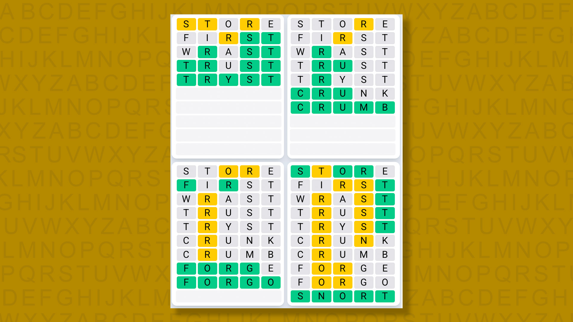 Quordle Daily Sequence answers for game 1496 on yellow background