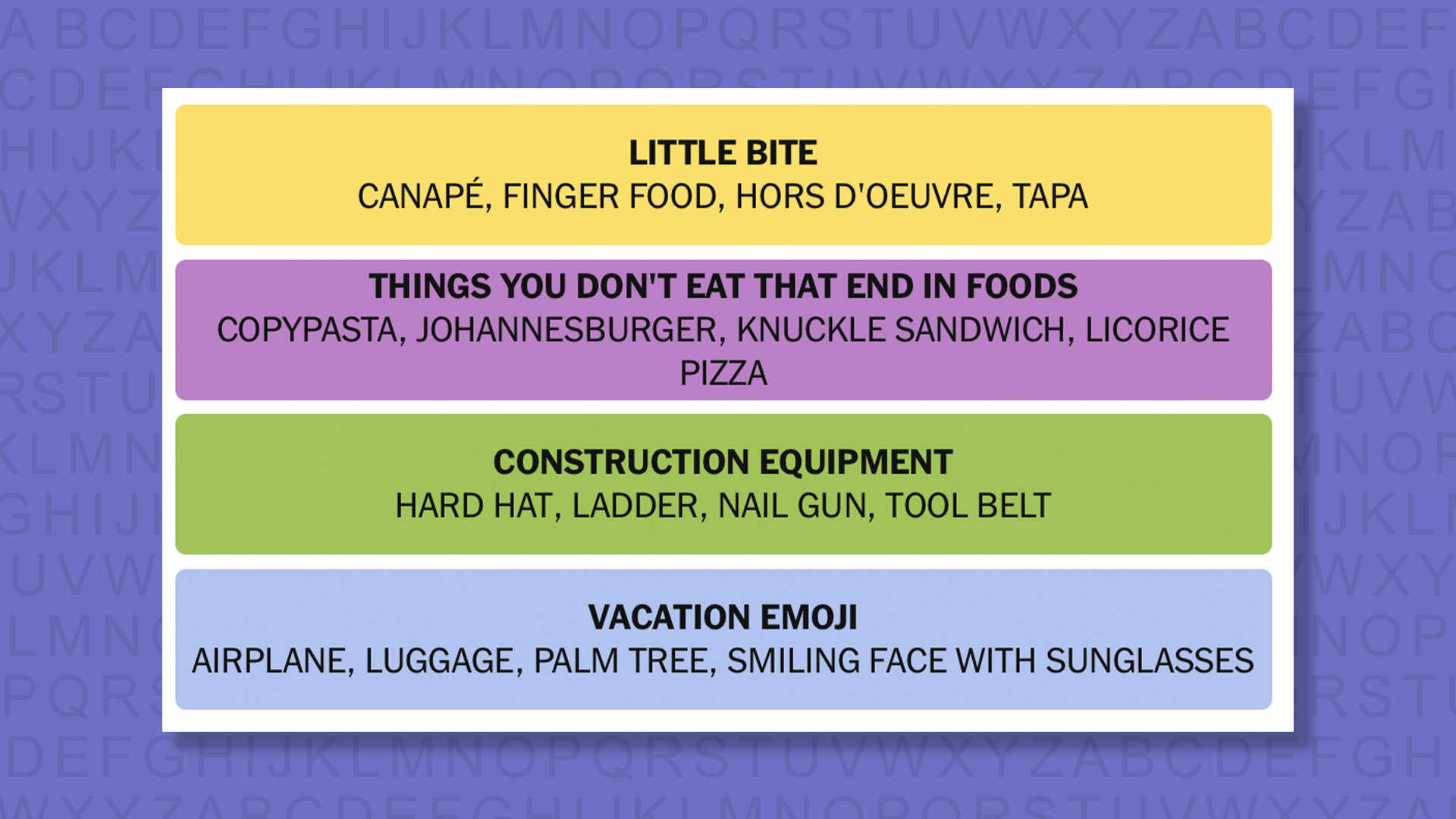 NYT Connections answers for game 994 on purple background