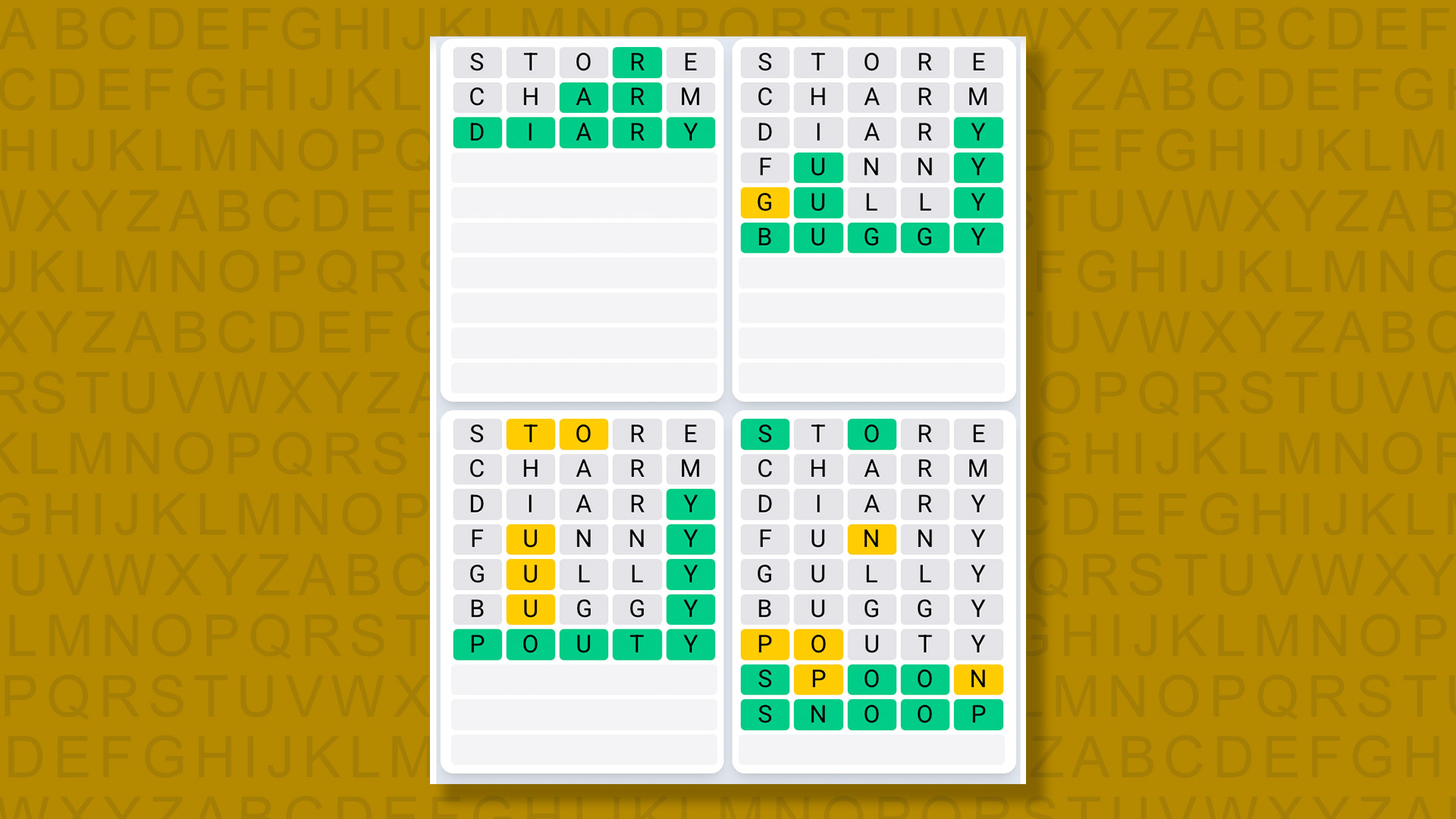 Quordle Daily Sequence answers for game 1497 on yellow background