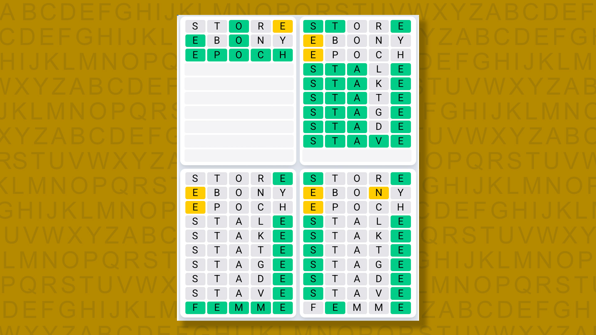 Quordle Daily Sequence answers for game 1498 on yellow background