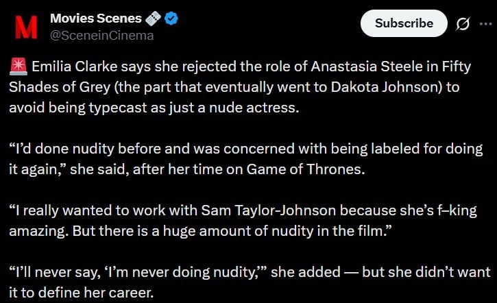 Emilia Clarke reveals she turned down Fifty Shades of Gray for professional reasons