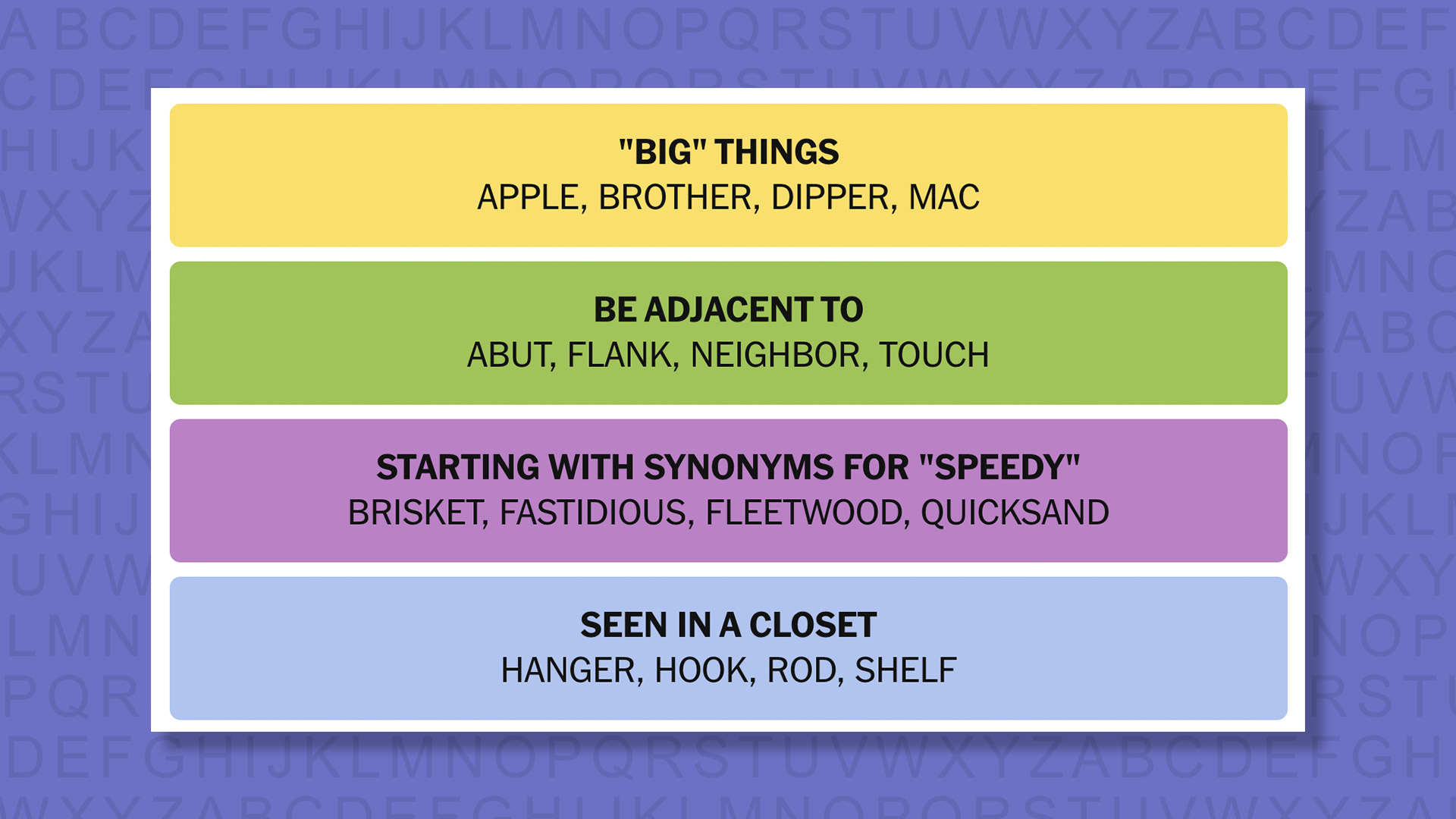 NYT Connections answers for game 996 on purple background