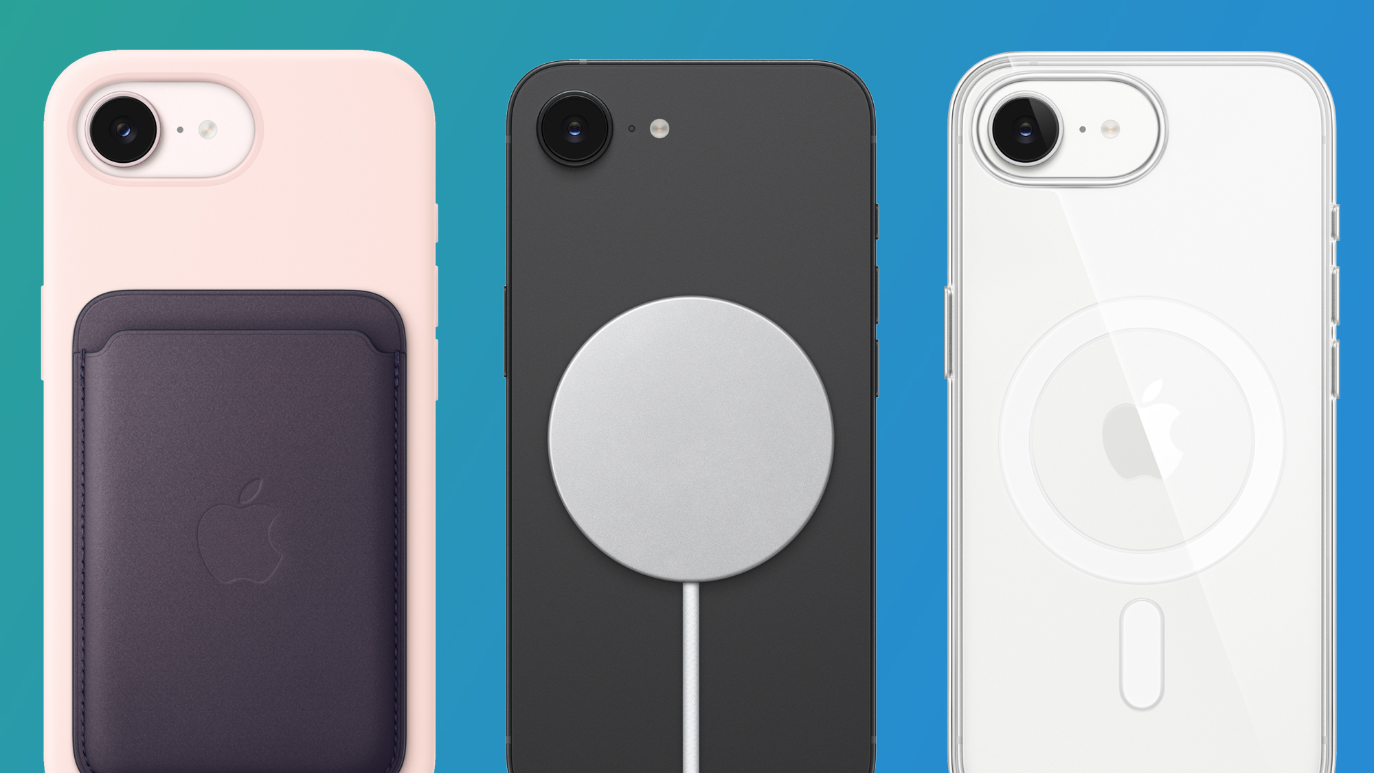 Three iPhone 17 phones on green and blue background