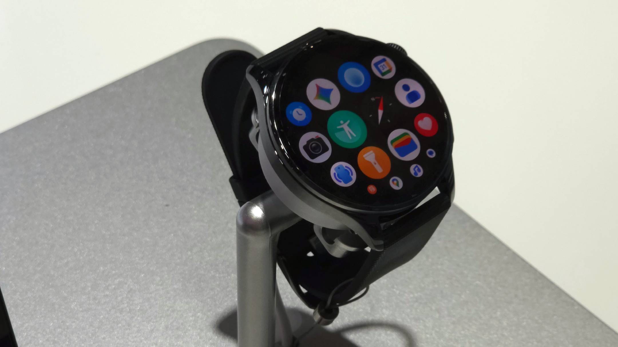 The Xiaomi Watch 5 on a stand.