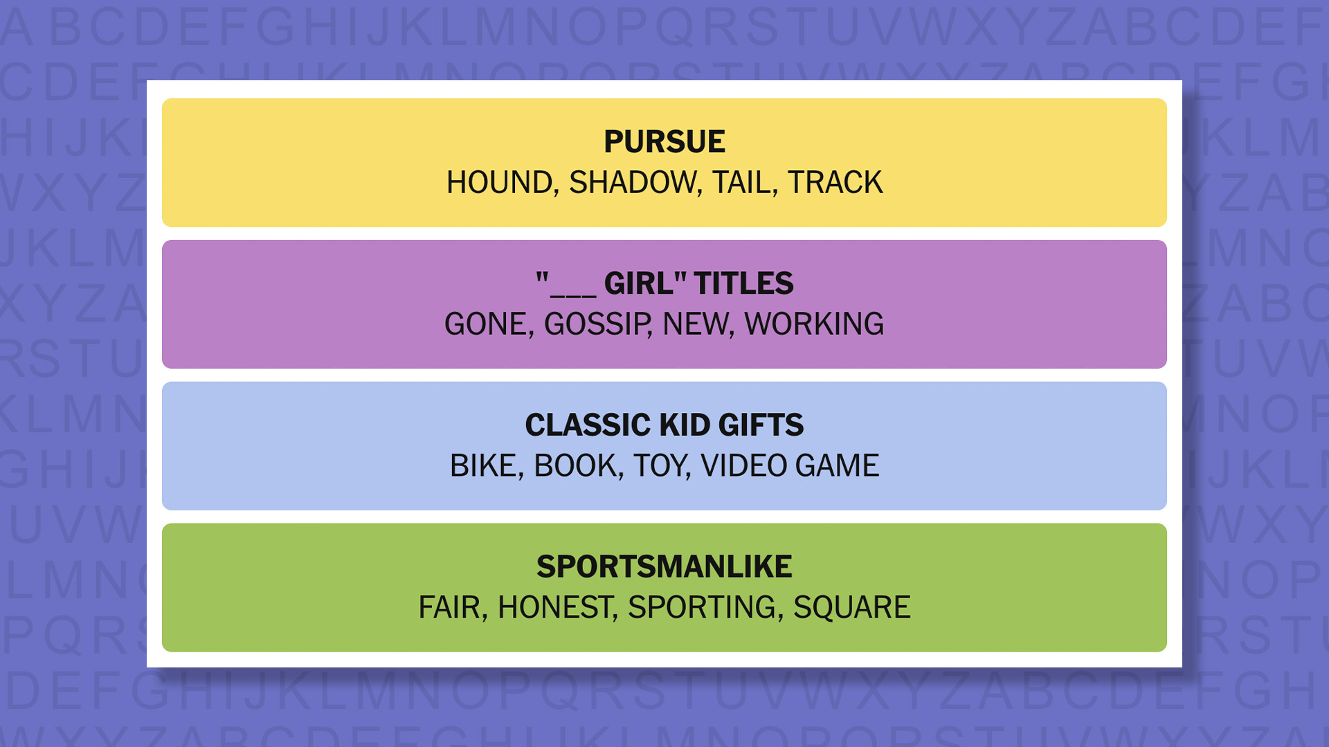 NYT Connections answers for game 997 on purple background