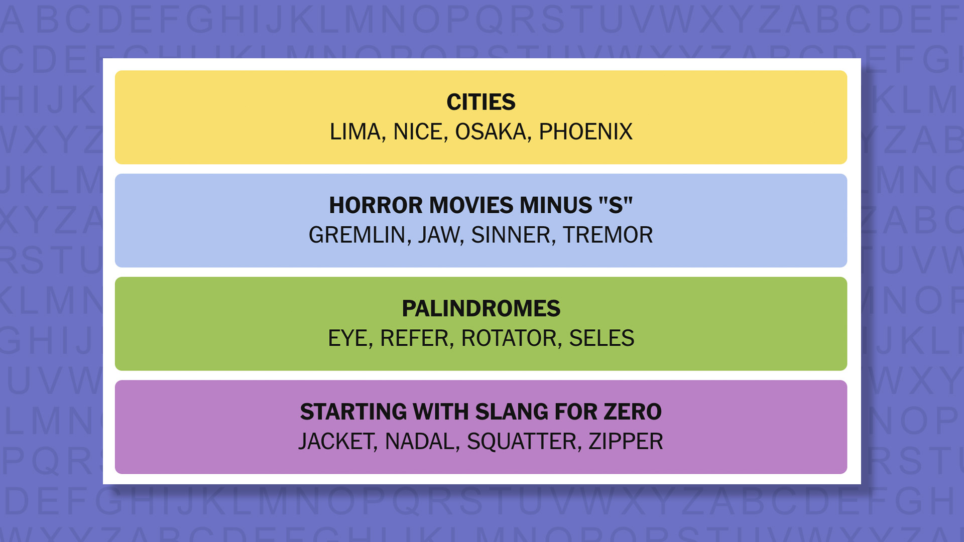 NYT Connections answers for game 1001 on purple background