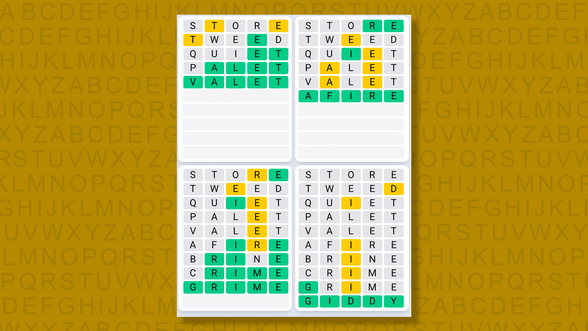 Quordle Daily Sequence answers for game 1506 on yellow background