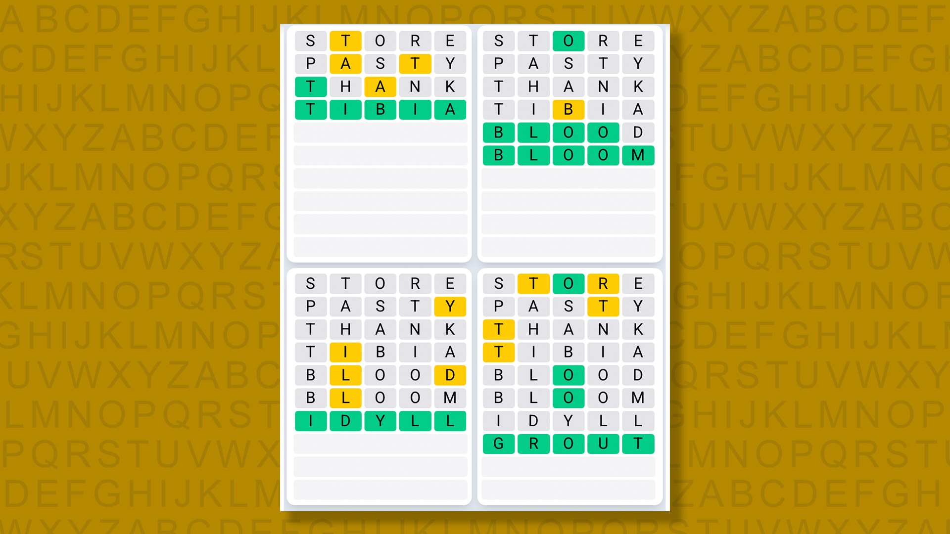 Quordle Daily Sequence answers for game 1507 on yellow background