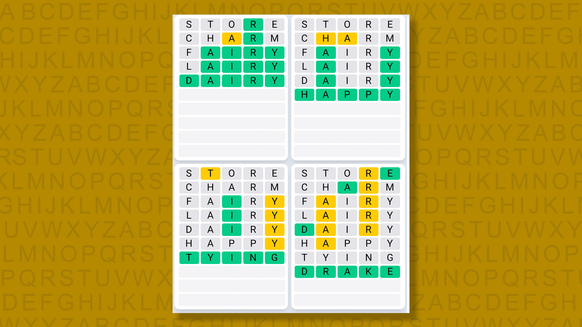 Quordle Daily Sequence answers for game 1508 on yellow background