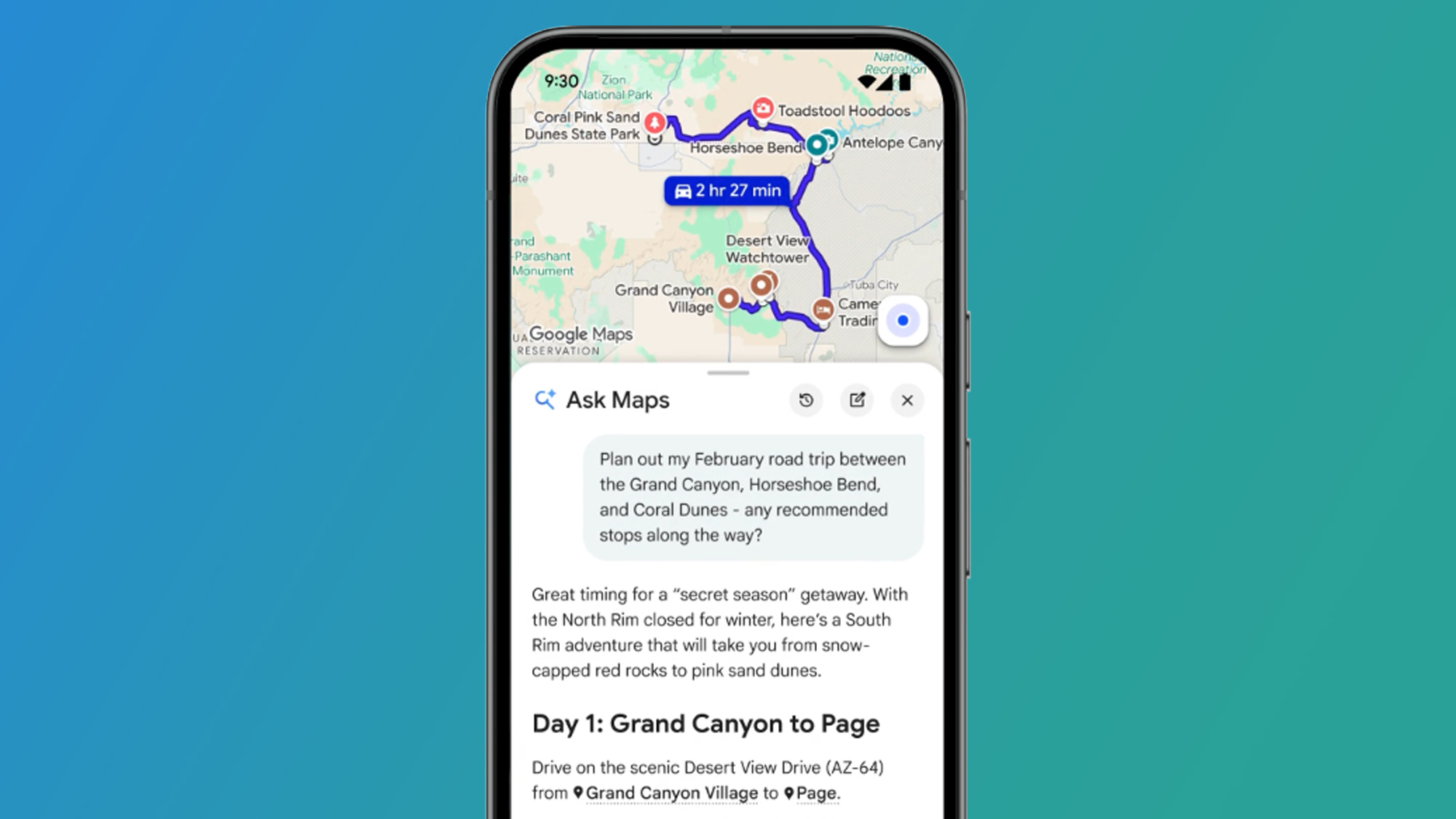 A phone on a blue and green background displaying Google Maps