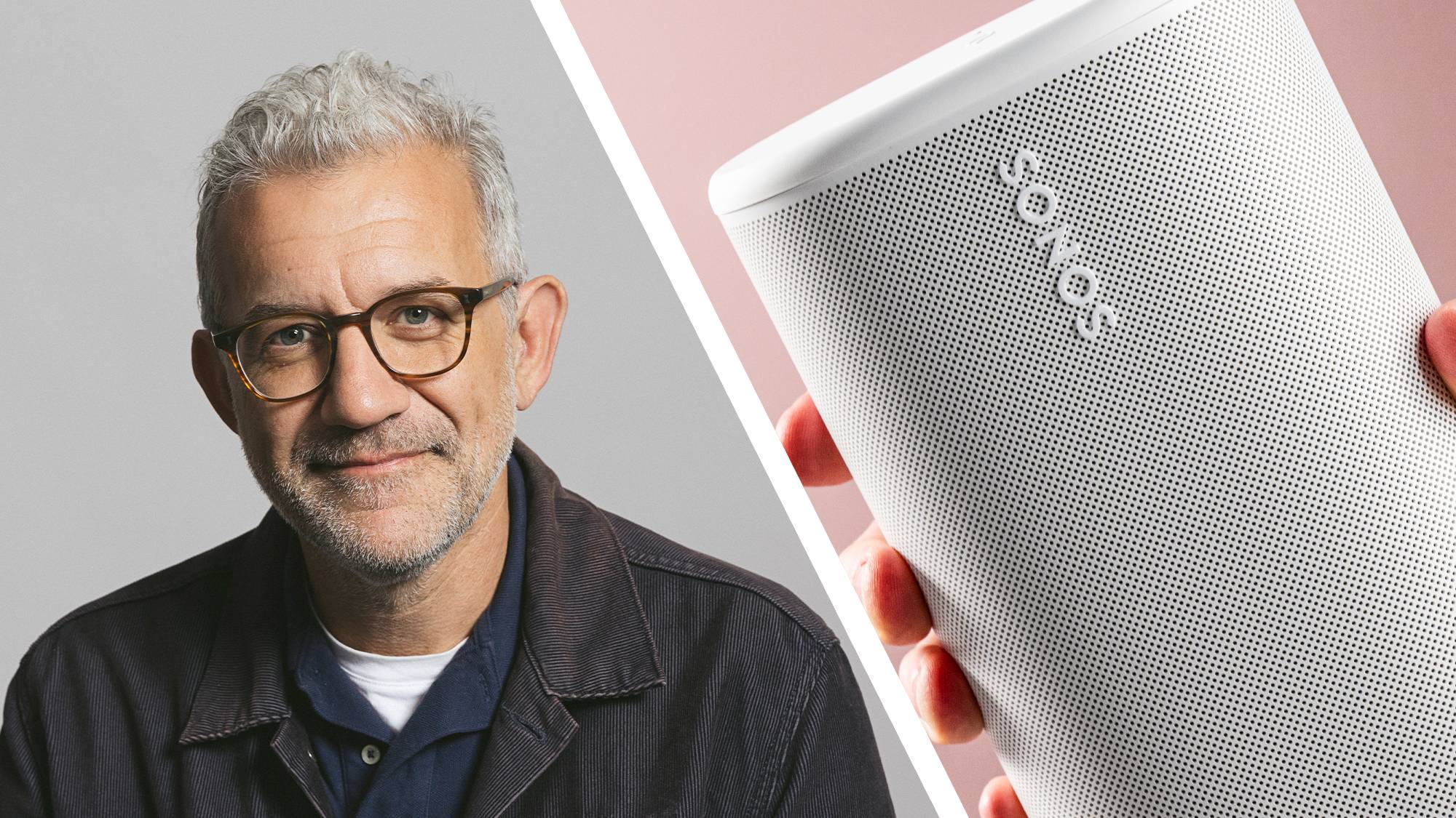 Photo of Sonos CEO Tom Conrad, left, close-up of the Sonos logo on a Sonos Play speaker, right.