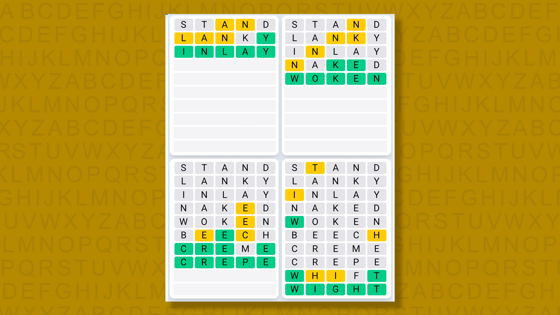Quordle Daily Sequence answers for game 1512 on yellow background