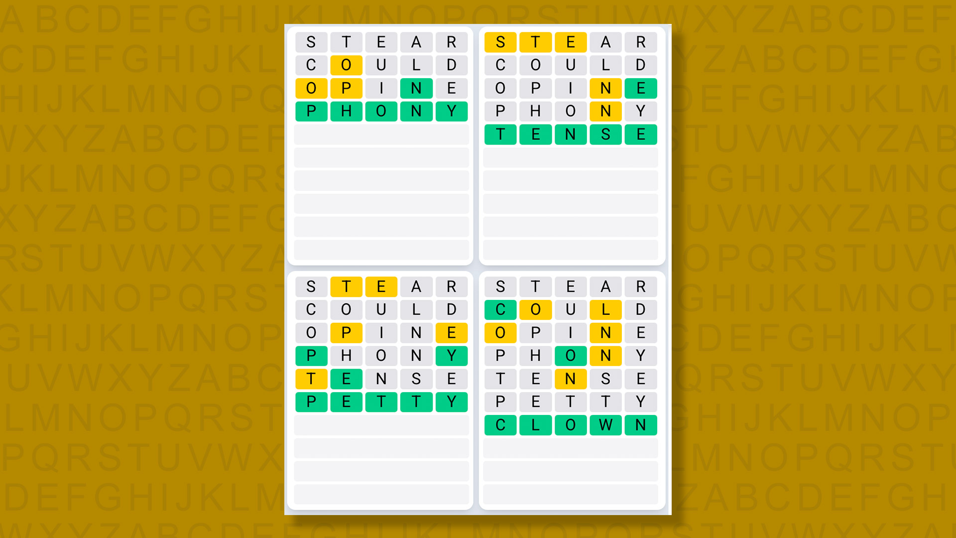 Quordle Daily Sequence answers for game 1513 on yellow background