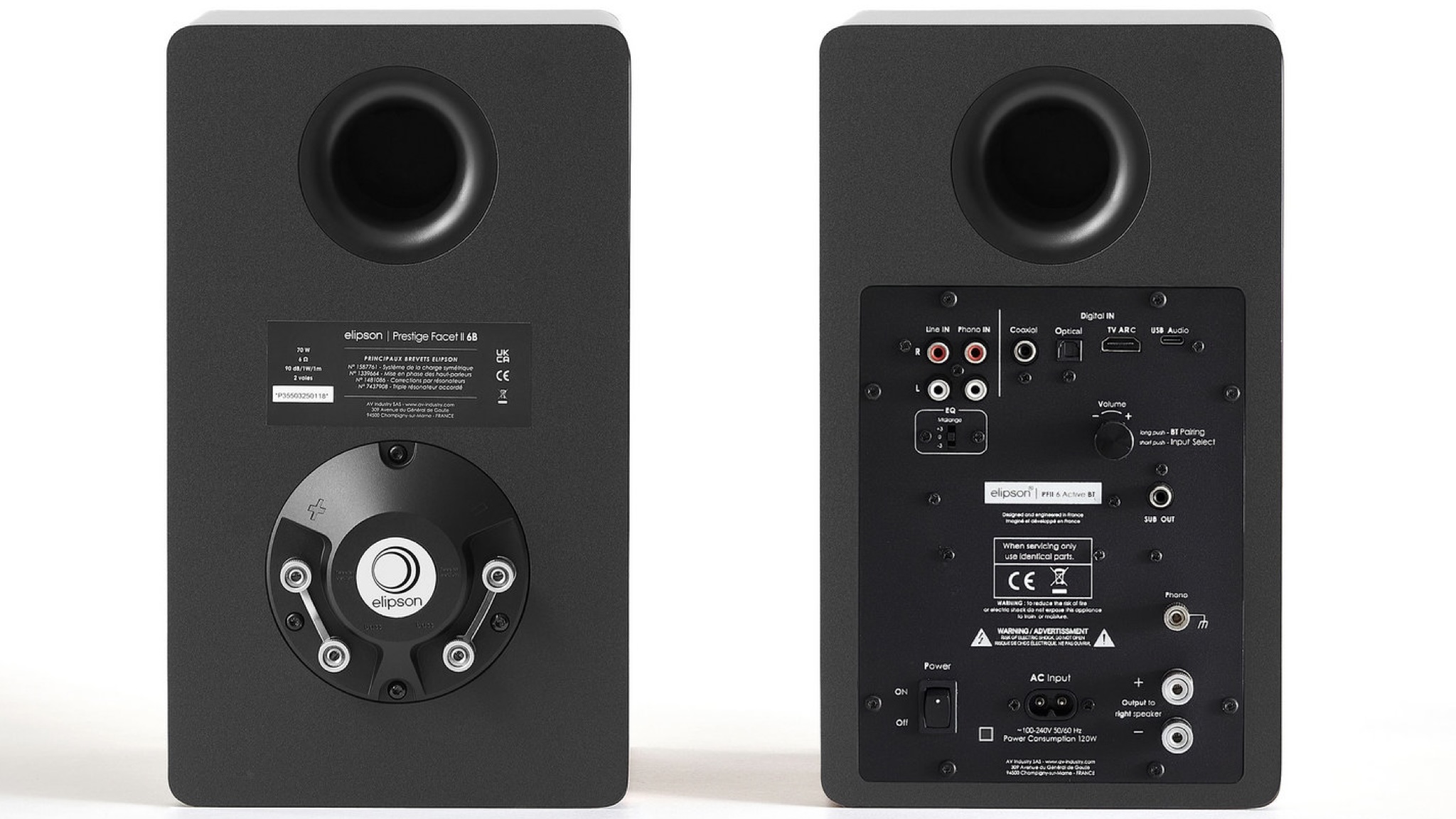 Elipson Prestige Facet II 6 Active BT speakers photographed front and back on a white background