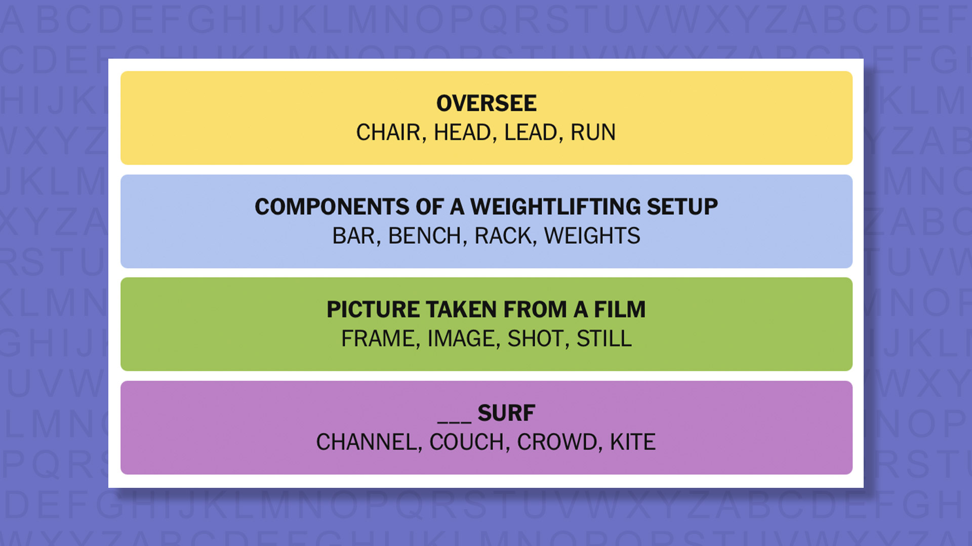 NYT Connections answers for game 1015 on purple background