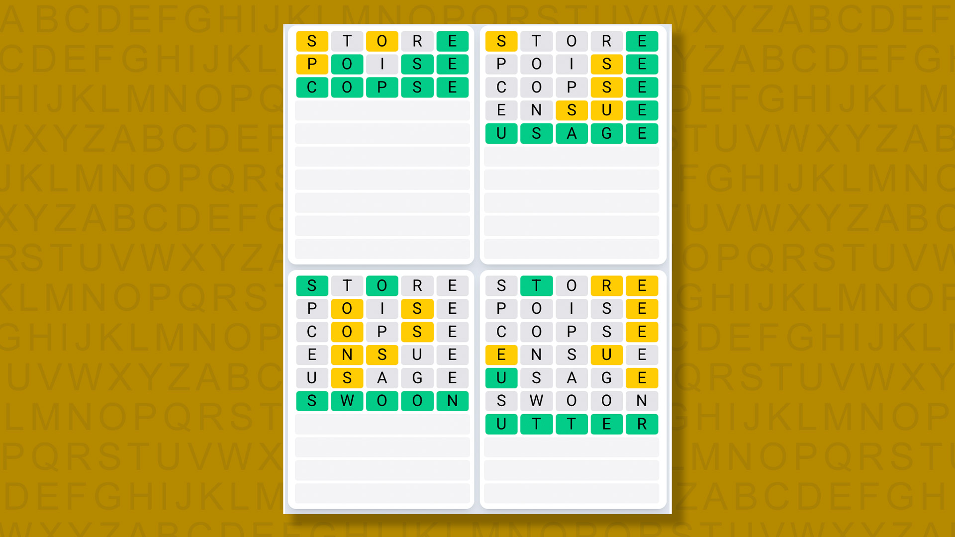 Quordle Daily Sequence answers for game 1518 on yellow background
