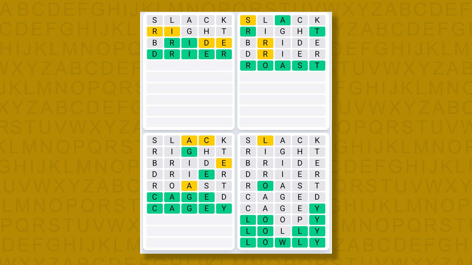 Quordle Daily Sequence answers for game 1520 on yellow background