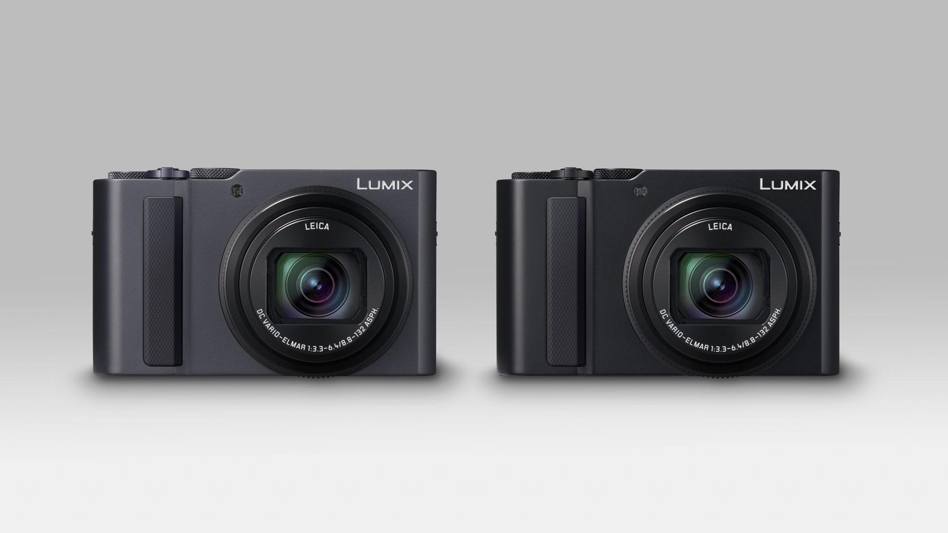 Panasonic Lumix TZ300 compact travel camera in gray and black versions on a plain off-white background
