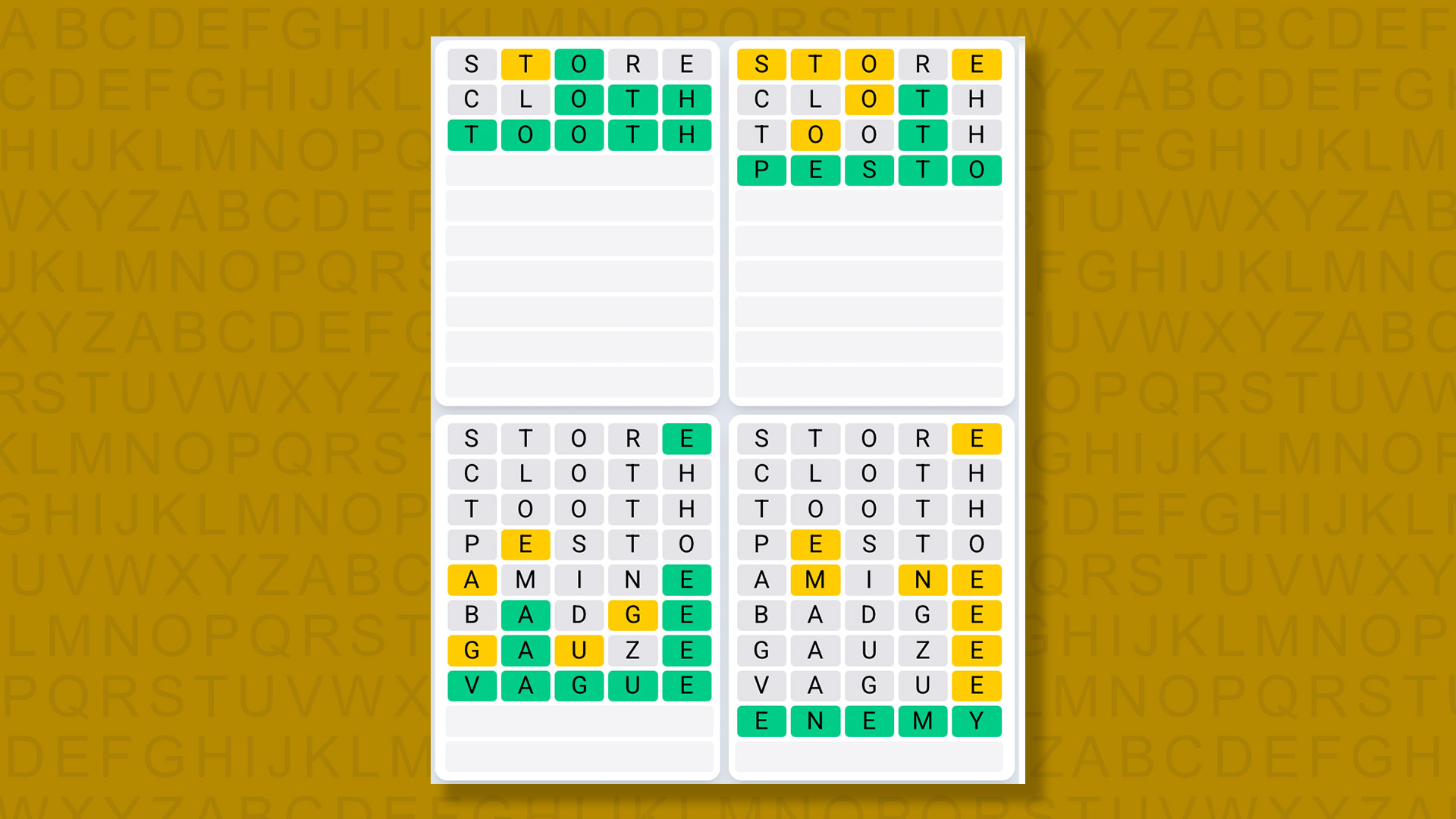 Quordle Daily Sequence answers for game 1521 on yellow background