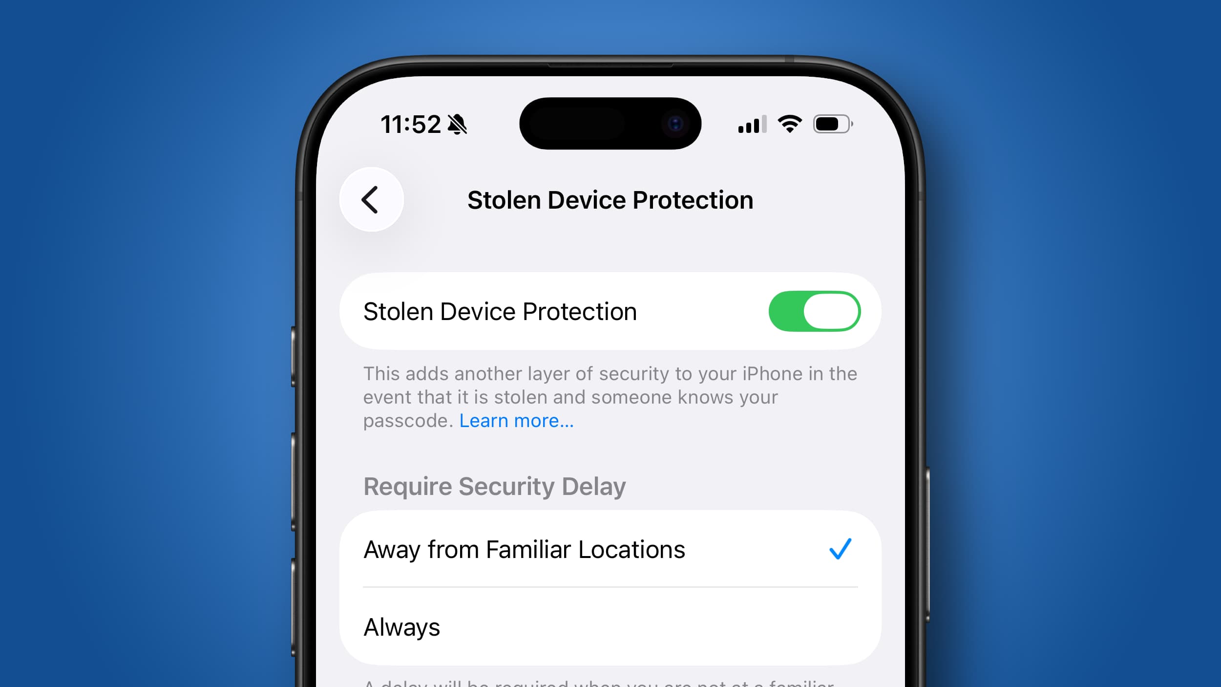 An iPhone 16 Pro showing the Stolen Device Protection feature in iOS 26.4 on a blue background.