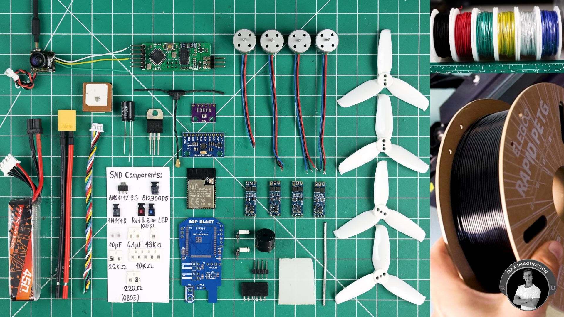 A look at the key components required for the ESP32 drone DIY project by Max Imagination