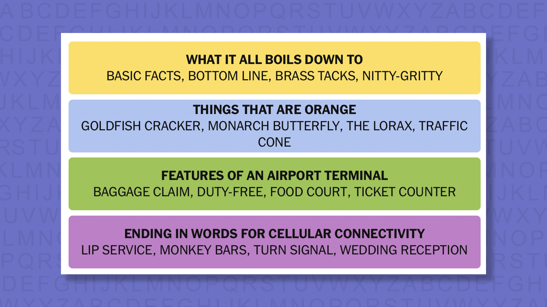 NYT Connections answers for game 1020 on purple background