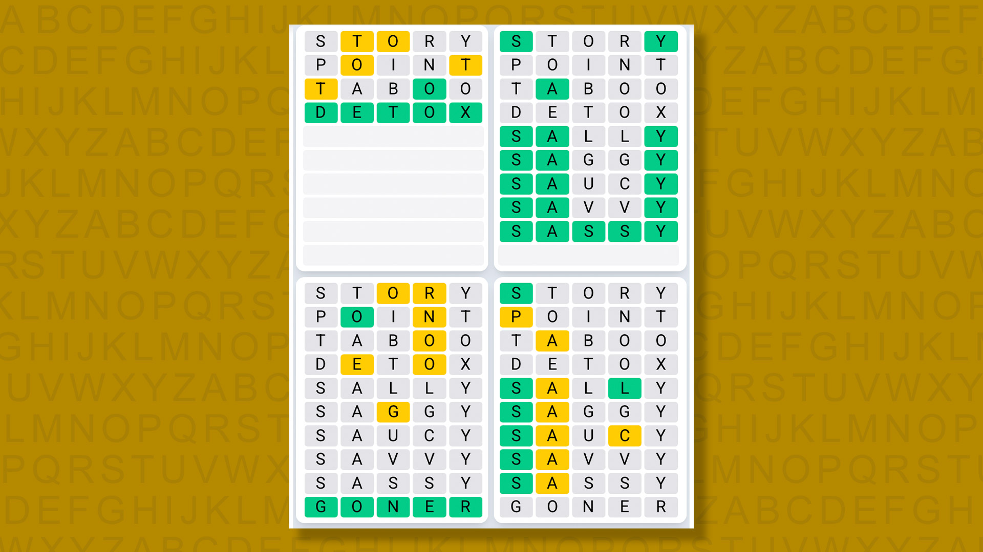 Quordle Daily Sequence answers for game 1524 on yellow background