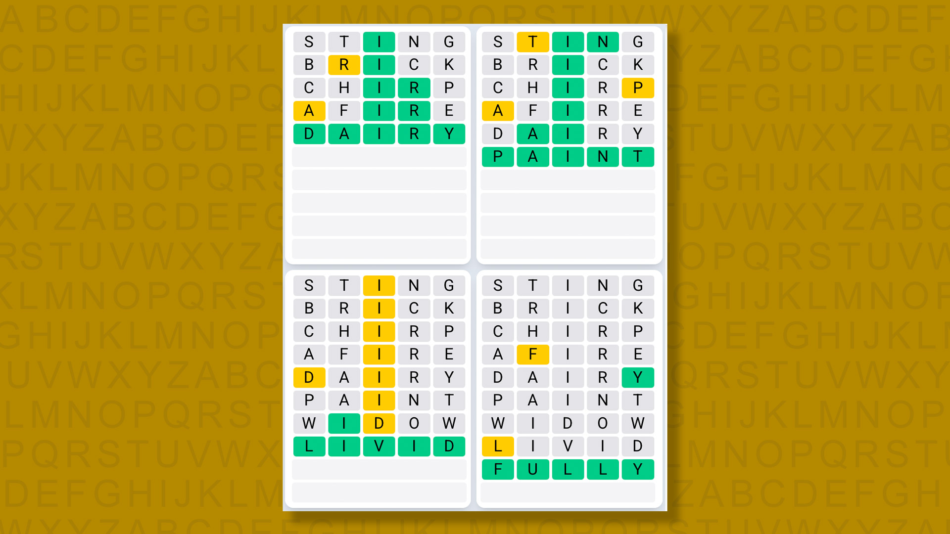 Quordle Daily Sequence answers for game 1527 on yellow background