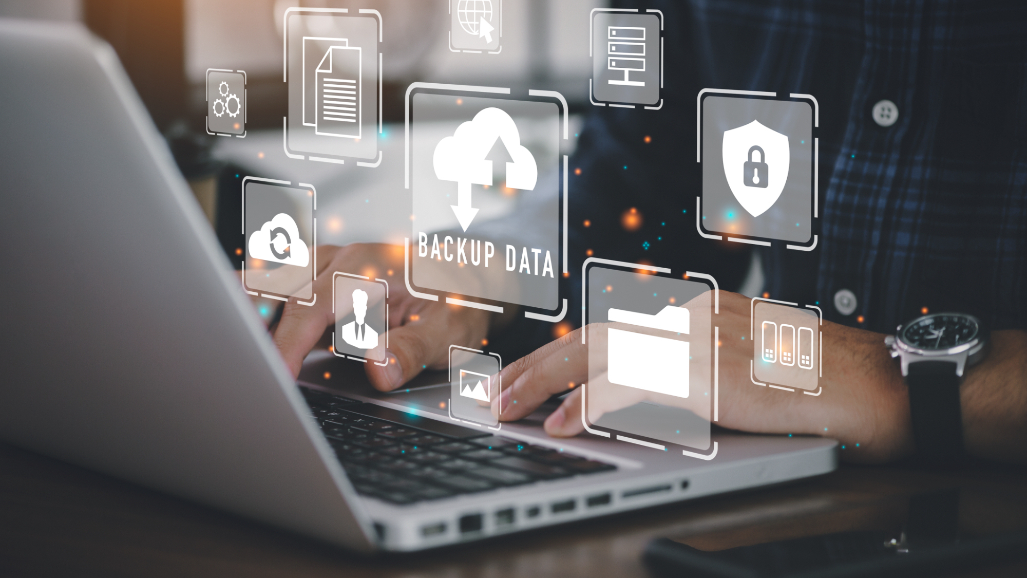 Businessman using computer to save storage data