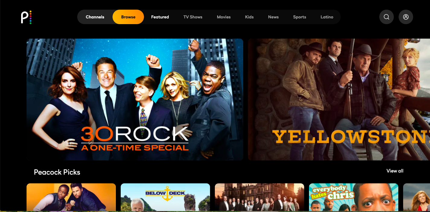 Peacock interface showing many of its best-known shows such as 30 Rock and Yellowstone.