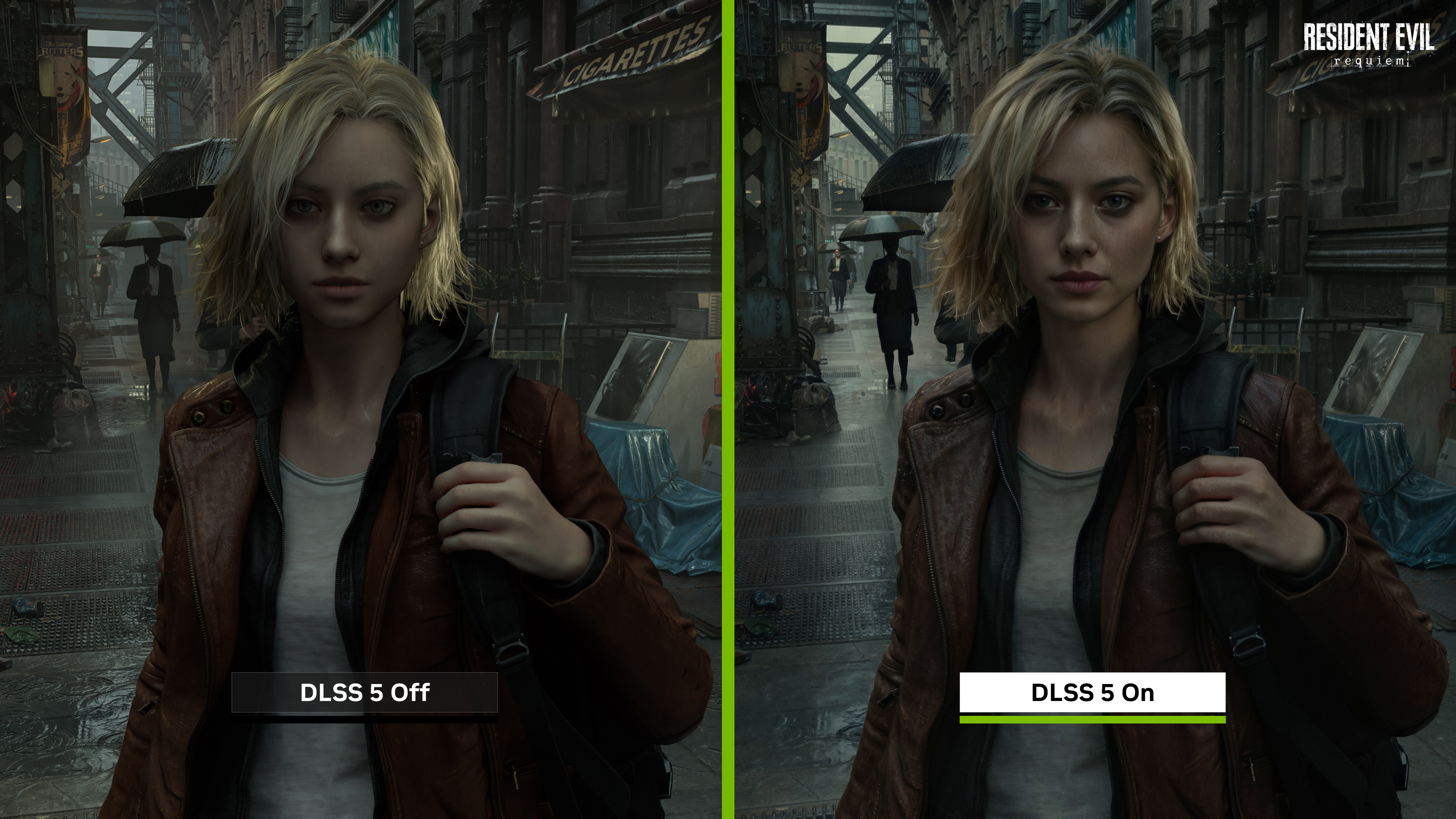 Resident Evil Requiem shown in comparison with DLSS 5 on and off