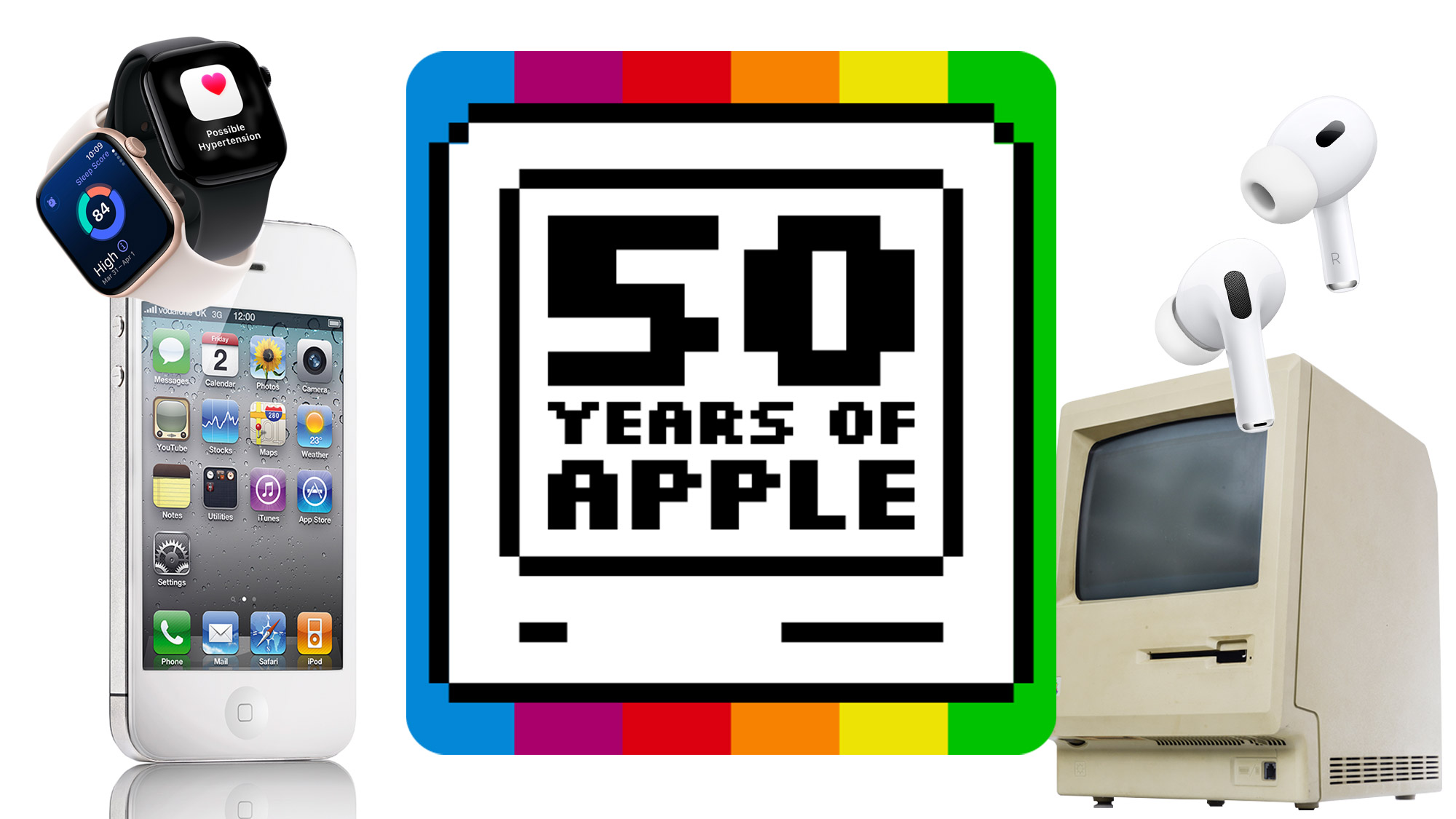 Apple Watch, iPhone, Macintosh 128k and Airpods Pro on a white background, arranged around a logo with text