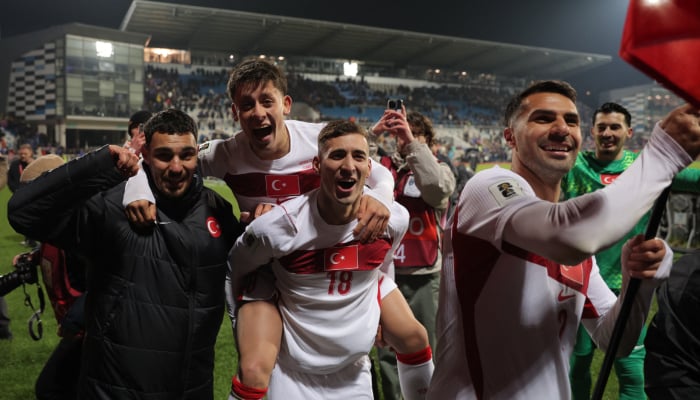Turkish players celebrate after qualifying for the FIFA World Cup during the UEFA FIFA World Cup qualifier against Kosovo at the Fadil Vokrri stadium, Pristina, Kosovo, March 31, 2026. — Reuters