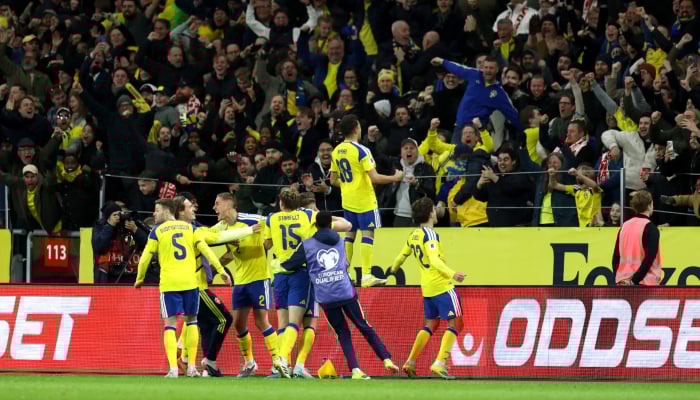 Swedish players celebrate their third goal during UEFA FIFA World Cup qualifying against Poland at the Strawberry Arena in Solna, Sweden, March 31, 2026. — Reuters