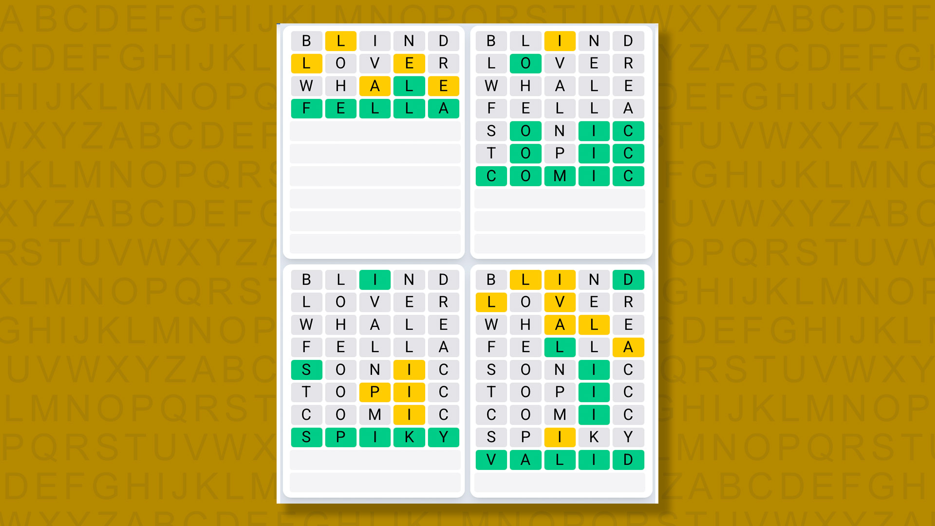 Quordle Daily Sequence Answers for the game 1530 on yellow background