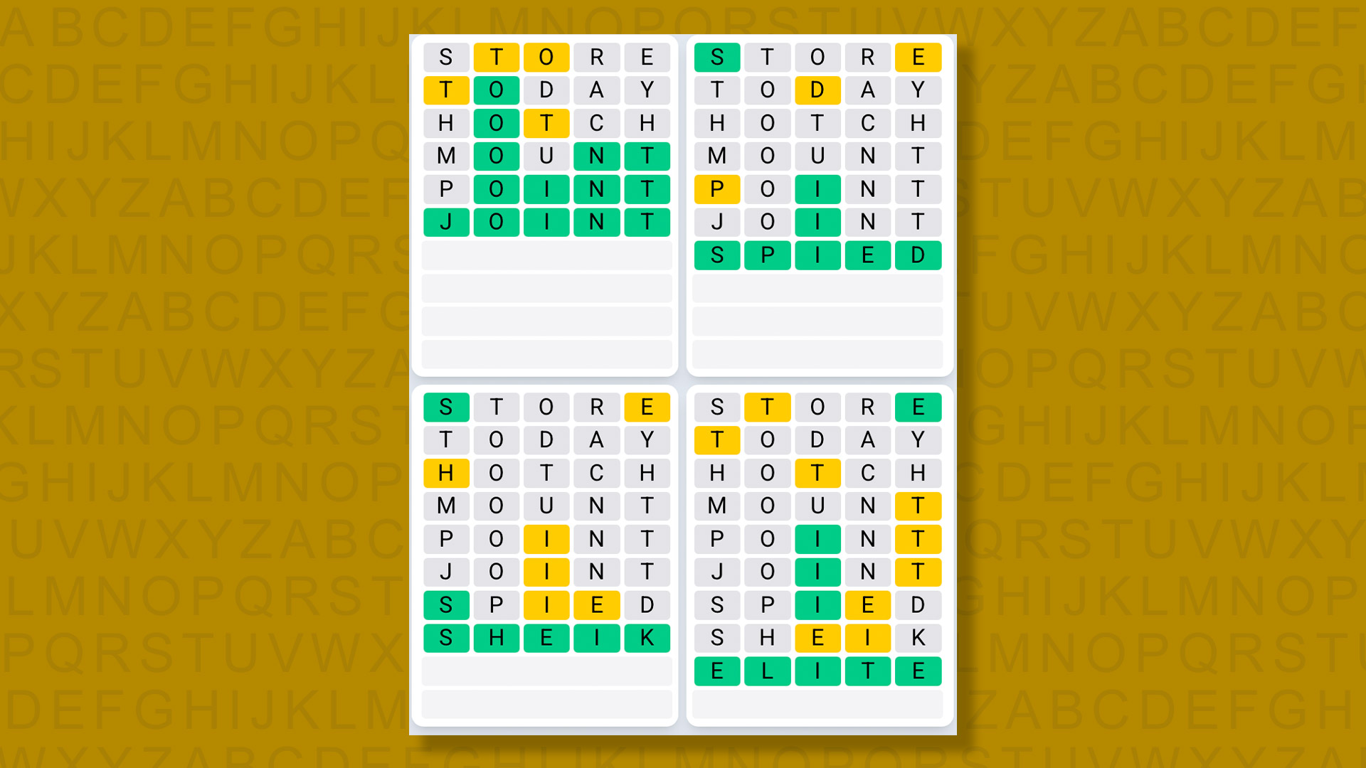 Quordle Daily Sequence answers for game 1531 on yellow background